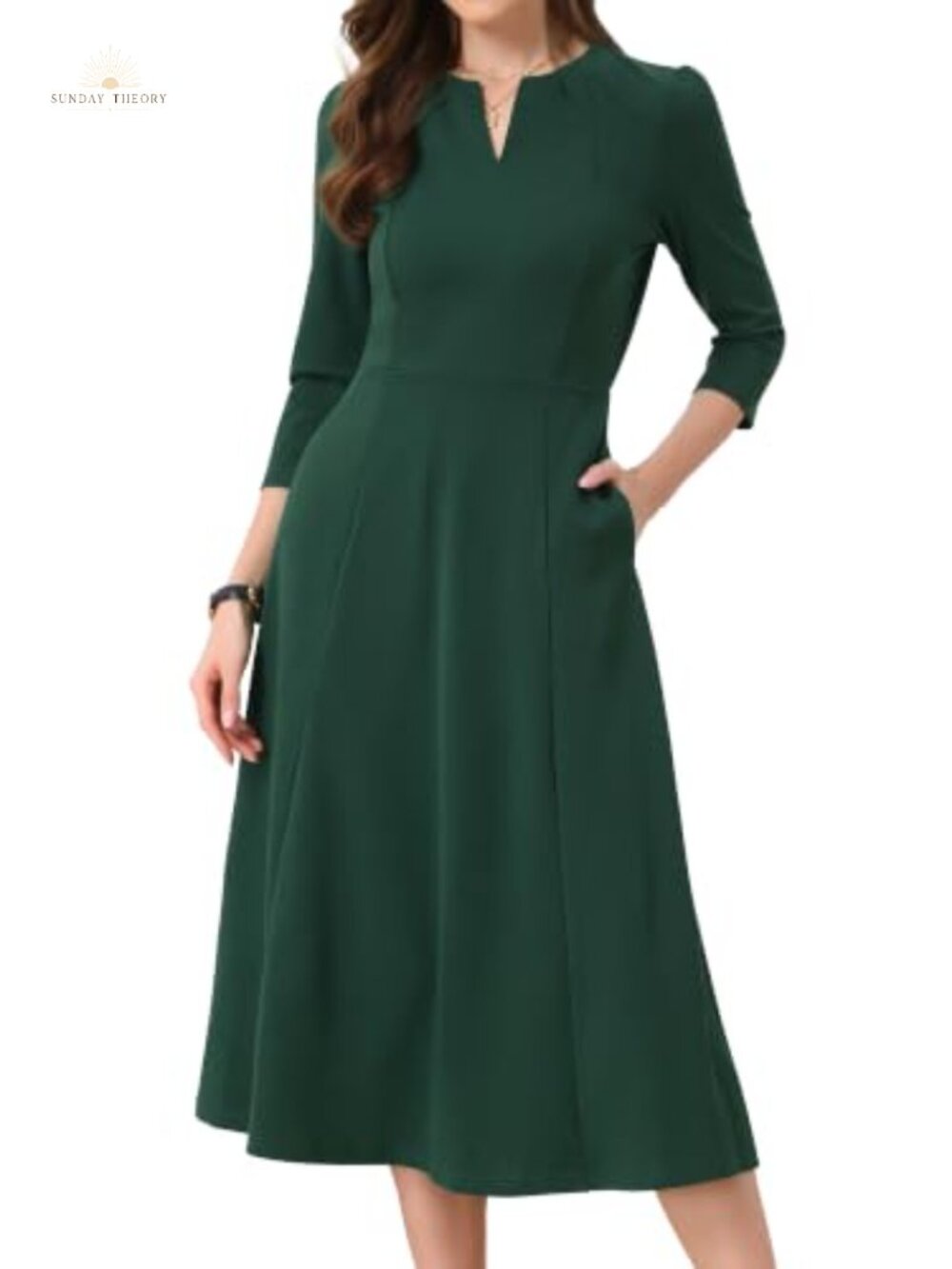 Women's 3/4 Sleeve A-Line Midi Dress Side Pockets Business Work
